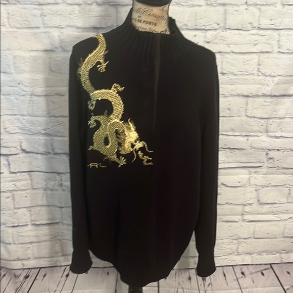 LRL Black Sweater Gold Metallic Dragon Size 1X Lauren Ralph Lauren Embroidered - Picture 1 of 9